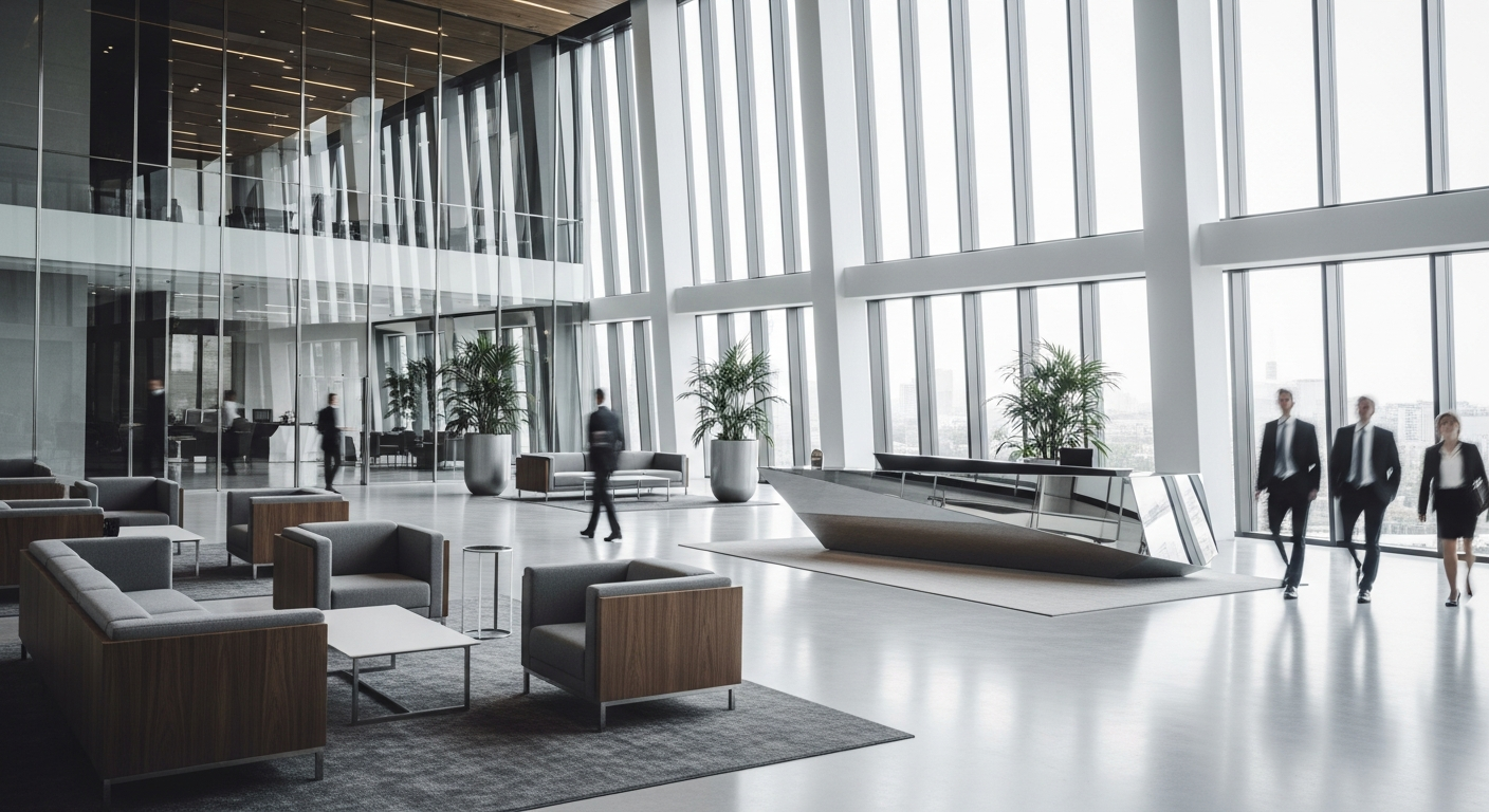 Modern corporate office lobby with professionals, representing tenant experience